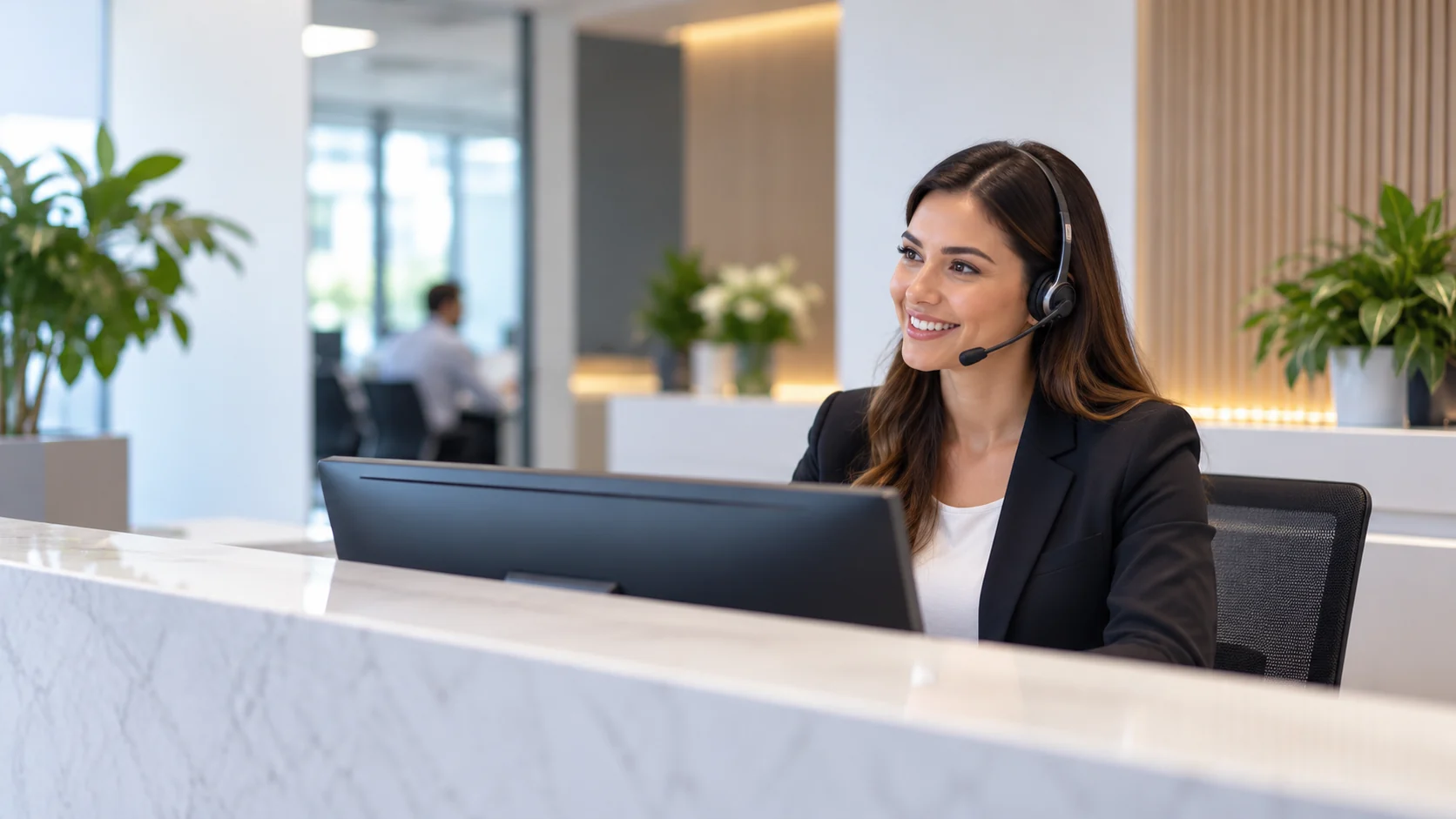Receptionist wearing a headset behind a reception desk