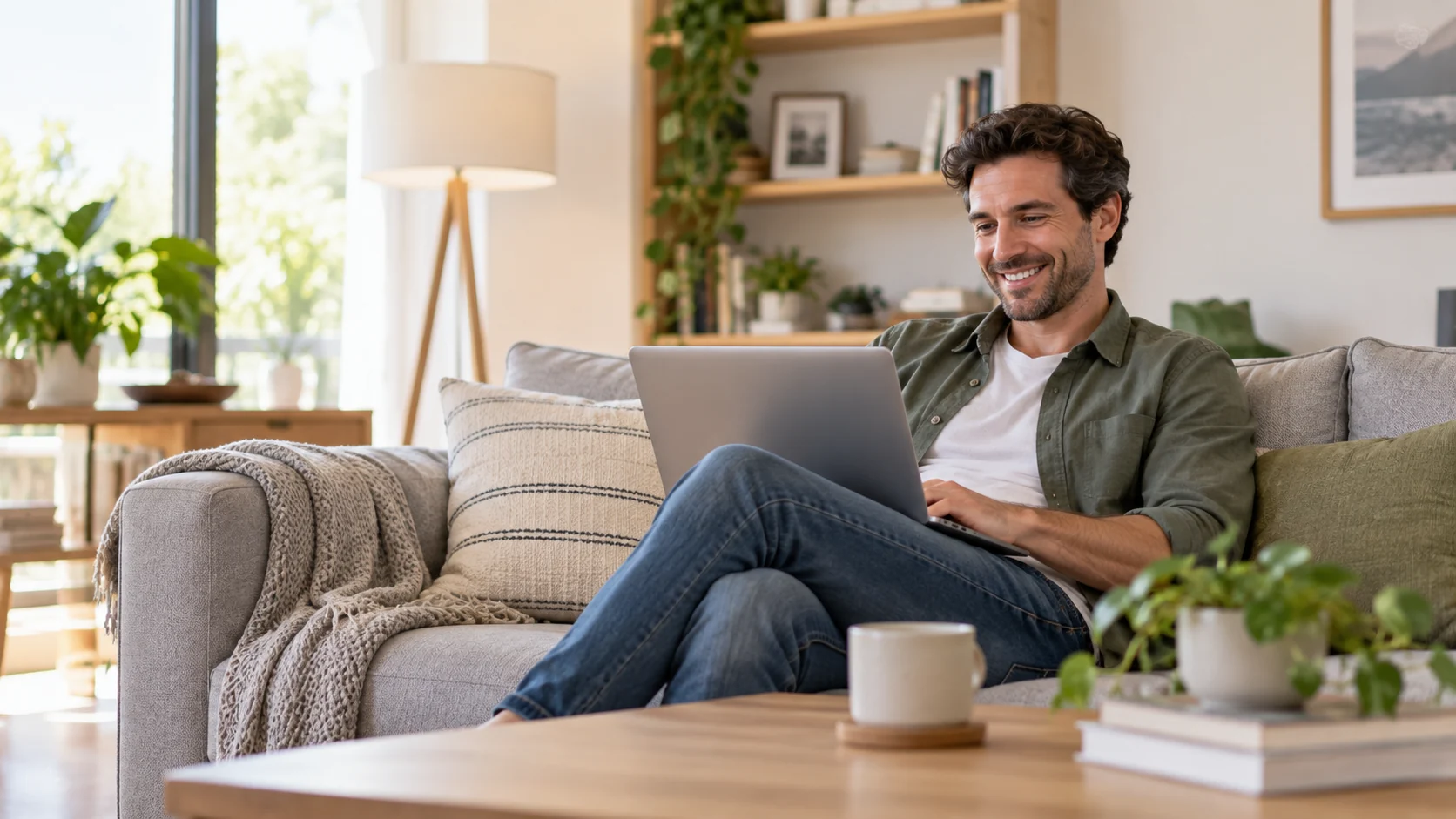 Person relaxing on a couch using a laptop at home