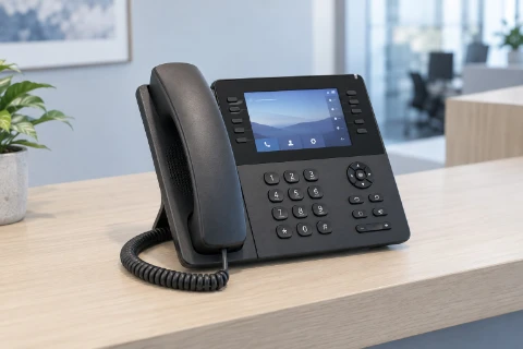 IP desk phone with handset, screen and keypad