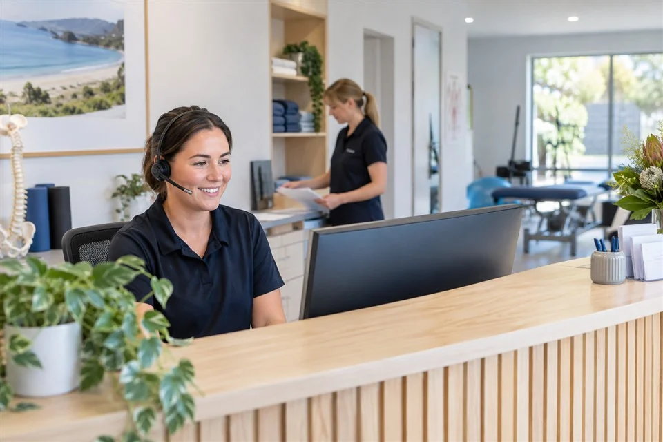 Illustrative scene of a receptionist handling a call in a medical practice