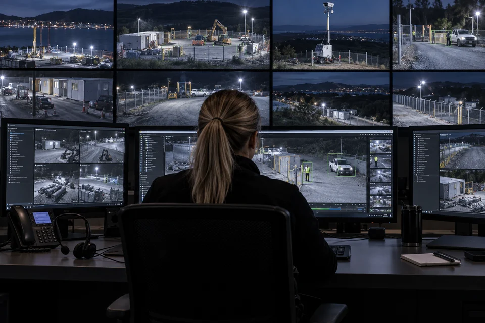 Security monitoring operator viewing camera feeds from multiple remote sites