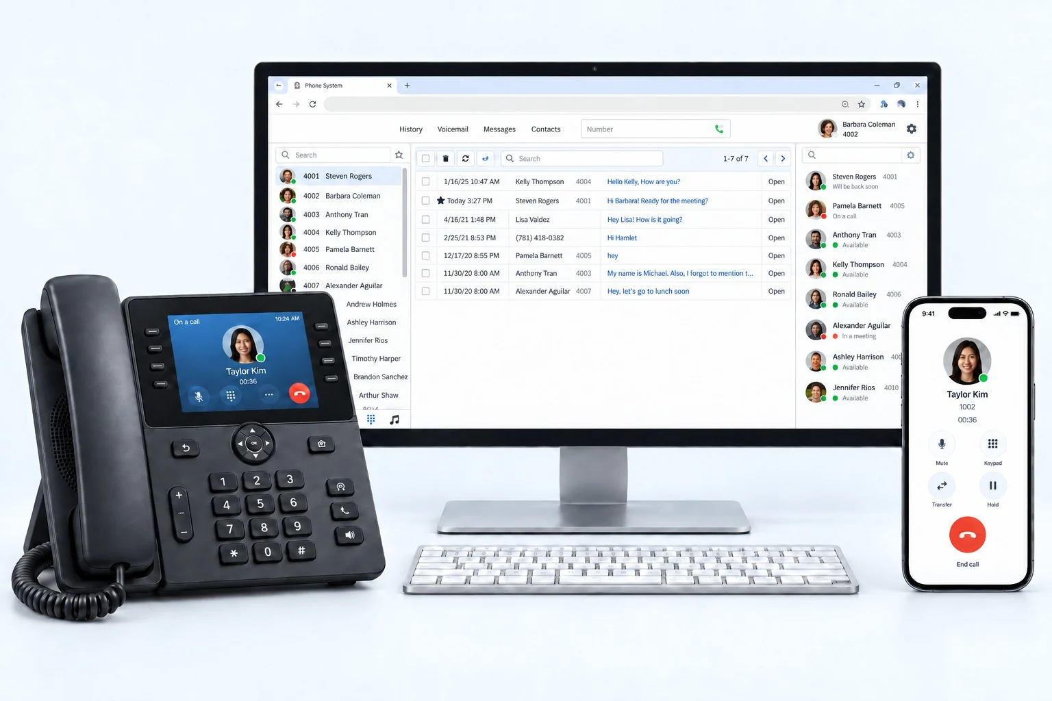Desk phone, desktop PC and mobile showing an illustrative business calling interface