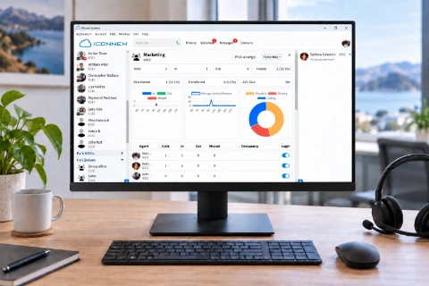Desktop computer and headset with a composite of the supplied Windows phone app interface