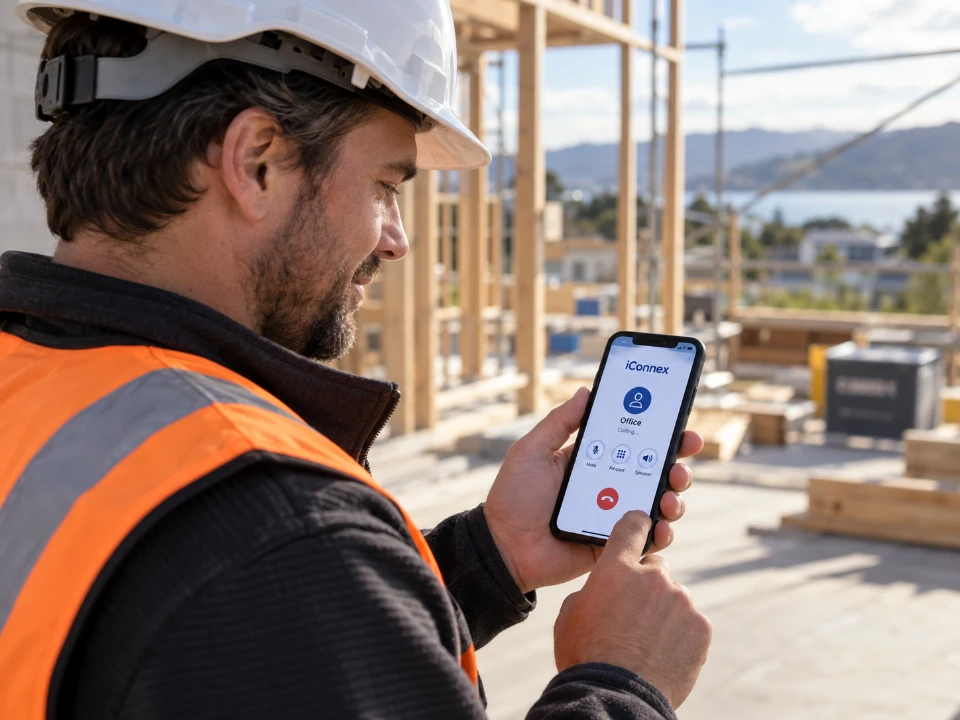 Illustrative scene of a construction worker checking iConnex on a mobile phone at a building site