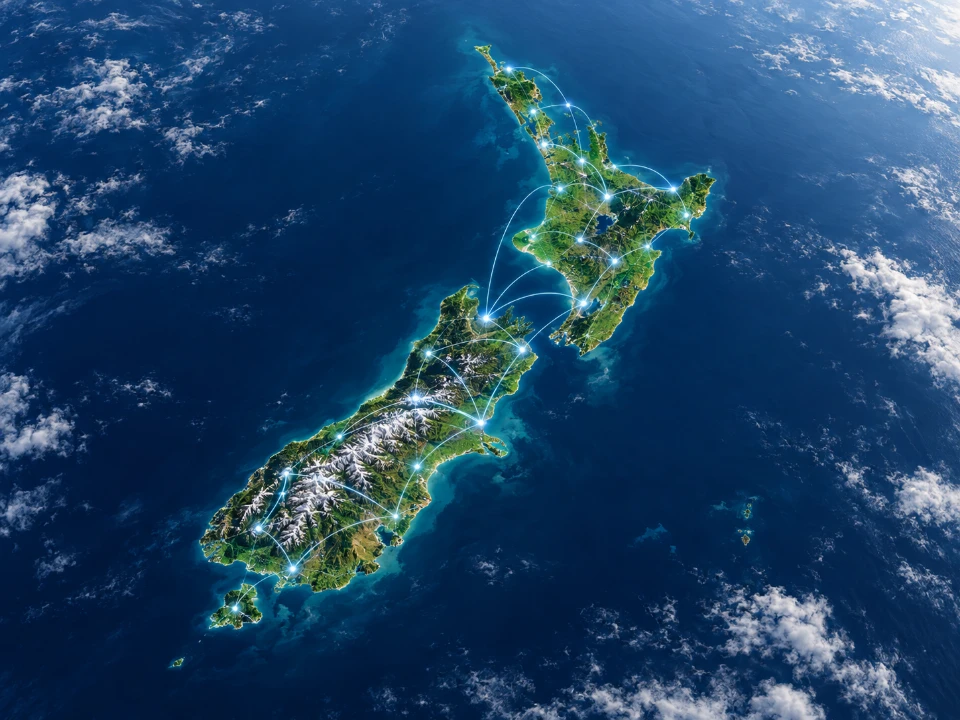 Conceptual view of New Zealand with glowing technology connections linking regions across the North and South Islands
