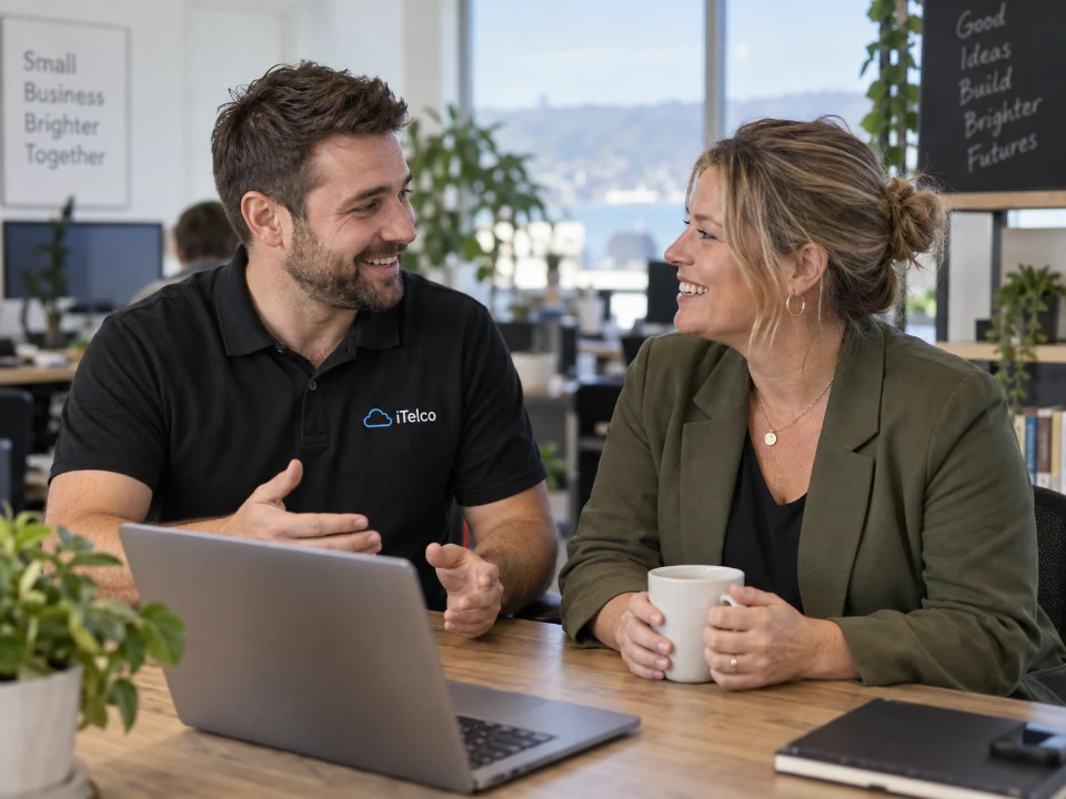 Illustrative scene of an iTelco team member and a customer sharing a laugh at their workplace