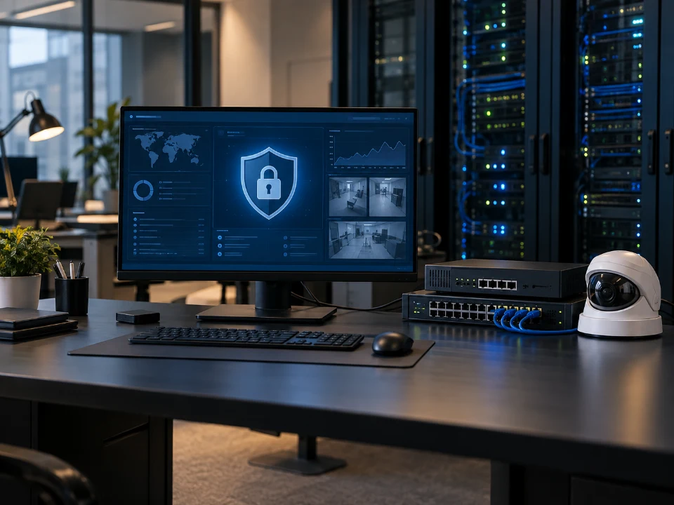 Security monitoring dashboard with network equipment and a CCTV camera