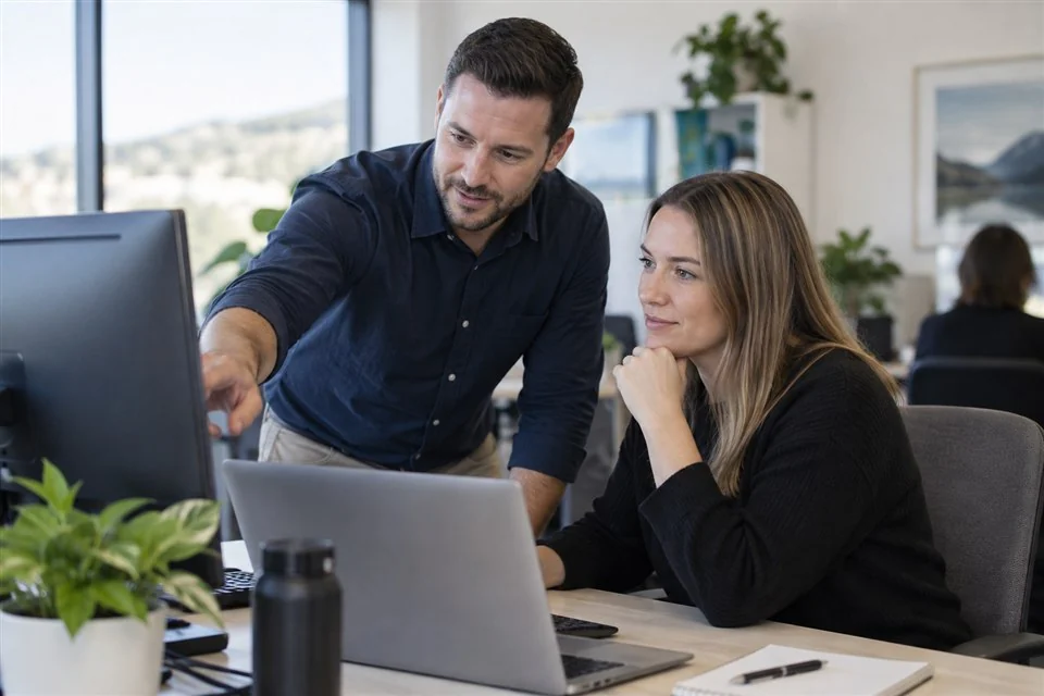 IT specialist helping a colleague at her office workstation