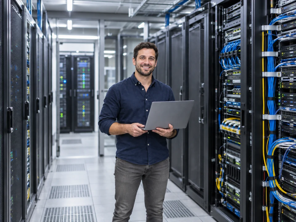 Illustrative scene of a technician with a laptop in a server room