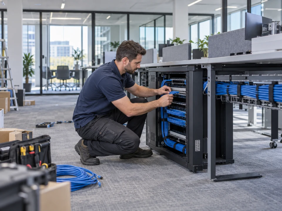 Technician installing structured network cabling in a modern office