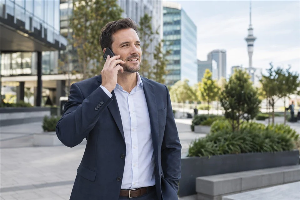 Illustrative scene: Business professional taking a mobile phone call outdoors