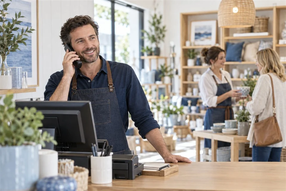 Illustrative scene: Store manager answering a phone while colleagues serve customers