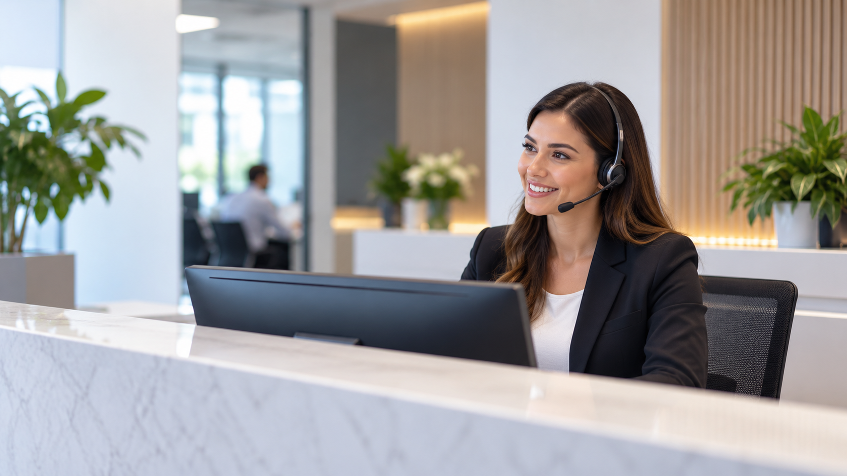 Receptionist wearing a headset behind a reception desk