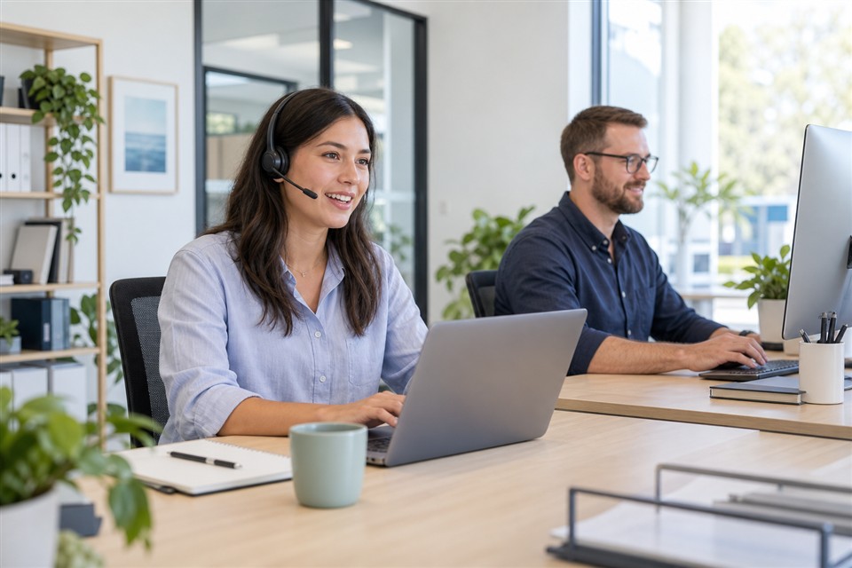 Illustrative office team using a headset and computers for customer calls