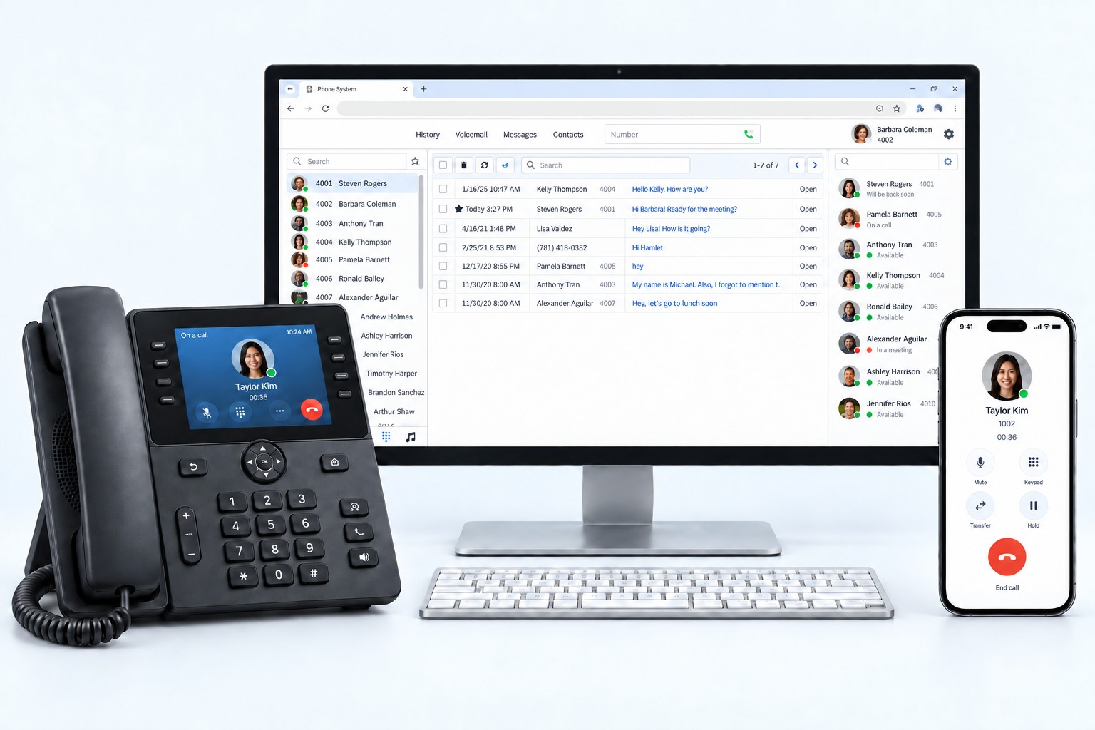 Desk phone, desktop PC and mobile showing an illustrative business calling interface