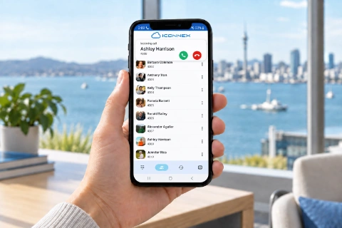 Smartphone with a composite of the supplied mobile app showing an incoming call
