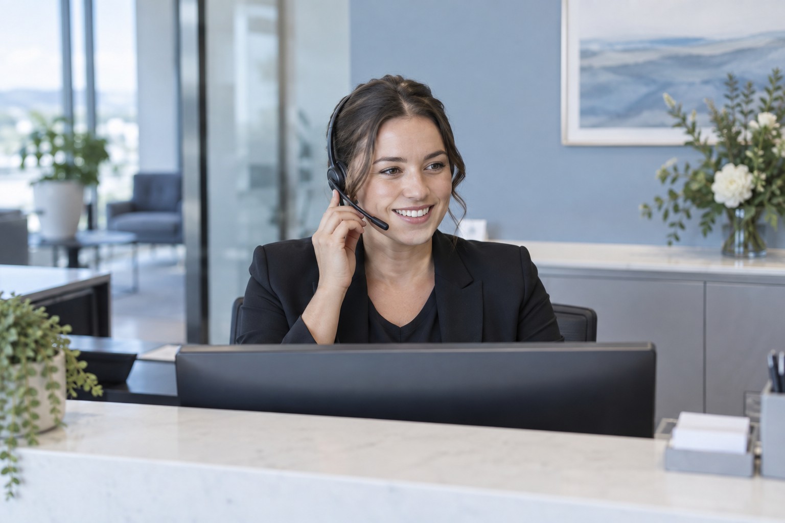 Receptionist managing incoming business calls