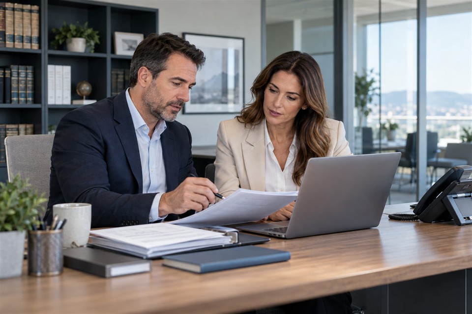 Illustrative scene: Professional advisers reviewing documents in an accounting and legal office