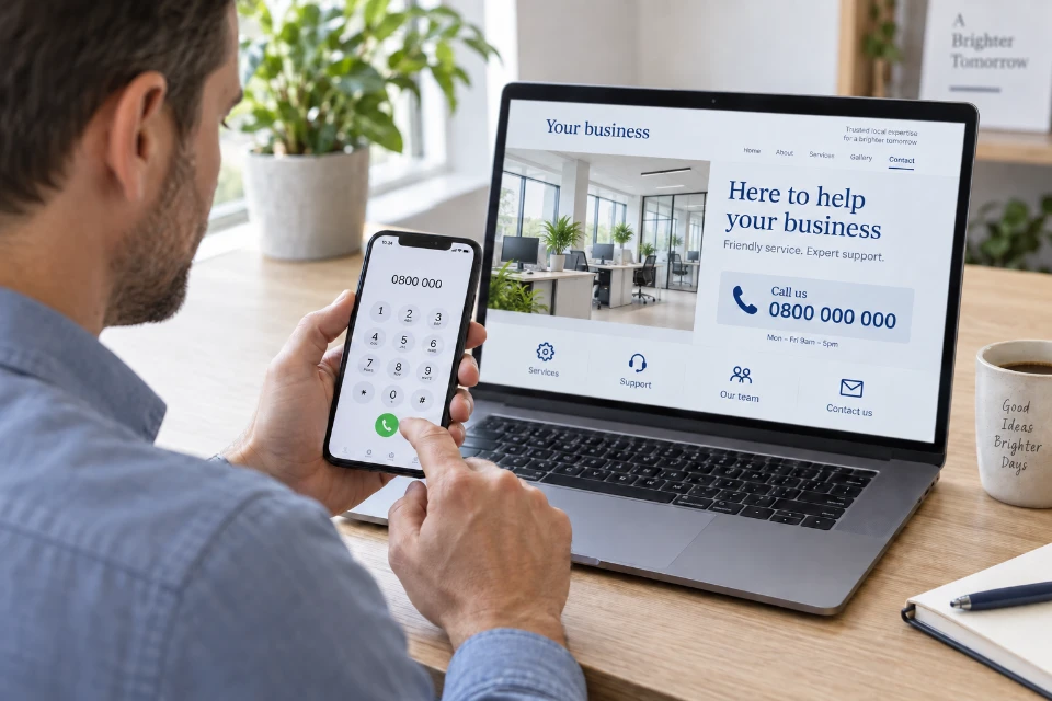 Customer dialling a business contact number on a mobile phone while viewing the number on a laptop website